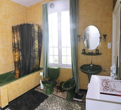 une salle de bain avec une baignoire verte et un lavabo dans l'établissement Maison Fontaine, à Espira-de-lʼAgly