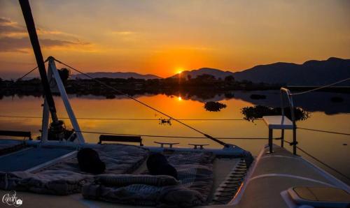 a boat on the water with a sunset in the background at Wildcat Catamaran Cruises in Hartbeespoort