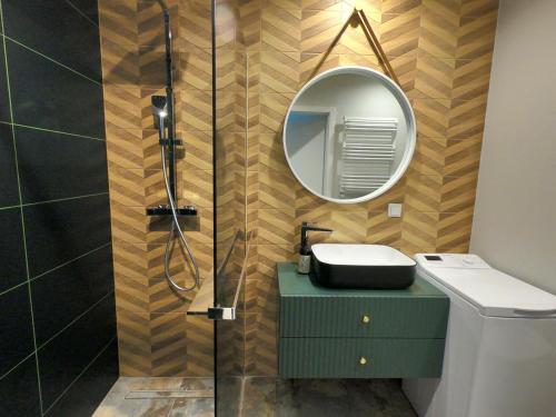 ein Bad mit einem Waschbecken und einem Spiegel in der Unterkunft Green Sea Gdańsk in Danzig