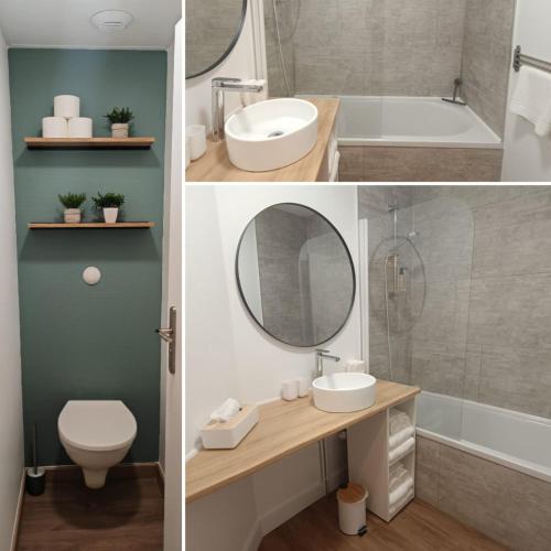 deux photos d'une salle de bain avec un lavabo et des toilettes dans l'établissement Échappée Cosy au Cœur du Futuroscope - Confort Assurés, à Chasseneuil-du-Poitou