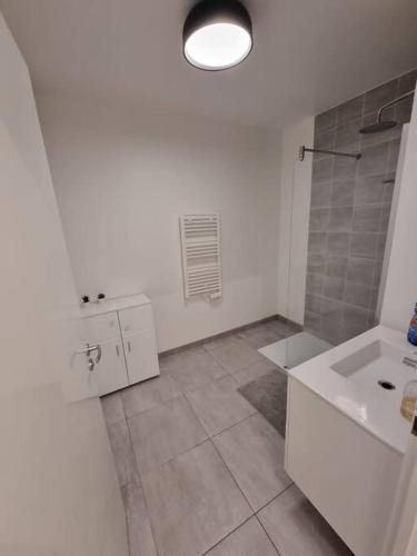 une salle de bain blanche avec un lavabo et une douche dans l'établissement Appart neuf entre Paris et Versailles, A 5 mn école Ducasse, à Meudon