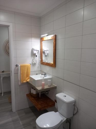 a bathroom with a toilet and a sink and a mirror at Impeccable 1 Bed Villa in Ribeira Grande in Ribeira Grande