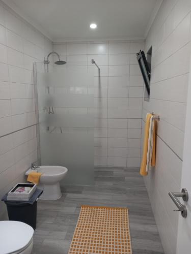 a bathroom with a toilet and a shower and a sink at Villa - Sleeps 4 & Free Parking in Ribeira Grande