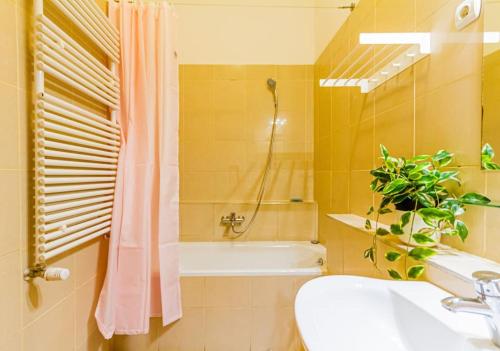 a bathroom with a sink and a tub and a shower at Gozsdu Charming Suite by NeWave Apartments in Budapest