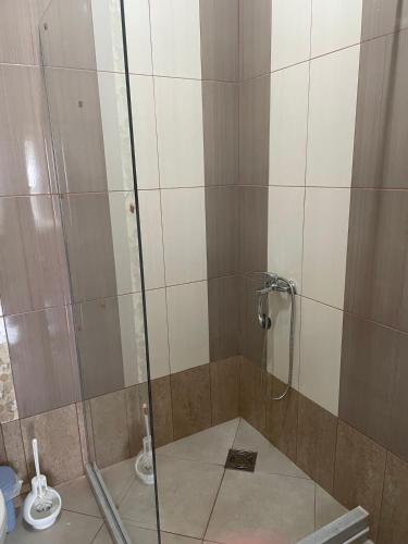 a shower with a glass door in a bathroom at Apartments Neda in Sutomore