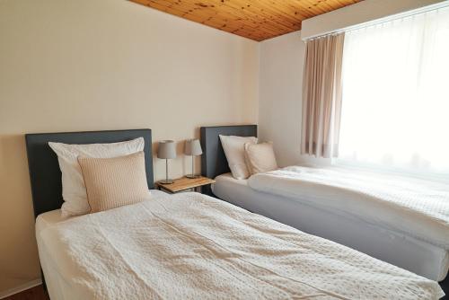 a bedroom with two beds next to a window at Ferienwohnung - 100m von der Talstation Aletsch Bahnen und Bahnhof Fiesch, BESTE Ausgangslage in Fiesch