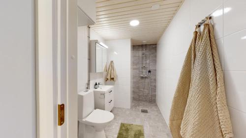 La salle de bains est pourvue d'une douche et de toilettes. dans l'établissement Loft apartment with lake views, à Tampere
