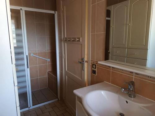 ein Bad mit einem Waschbecken und einer Dusche mit einem Spiegel in der Unterkunft Maison familiale au coeur des Vosges in Aumontzey
