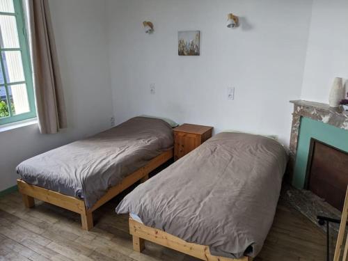 2 camas individuales en una habitación con chimenea en Appartement le Vigeant, en Le Vigeant