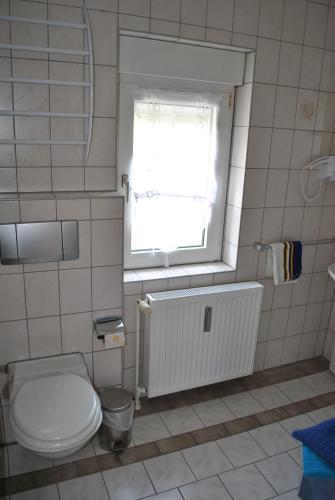a bathroom with a toilet and a window and a radiator at Ferienwohnungen am Plätlinsee in Wustrow