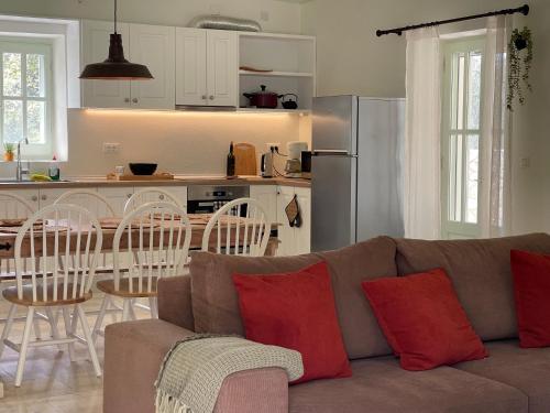 uma sala de estar com um sofá e uma cozinha em Villa Regina em Gaios