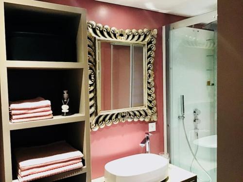 uma casa de banho com um espelho, um lavatório e um chuveiro em Le Cerf Enchanteur em Thyez