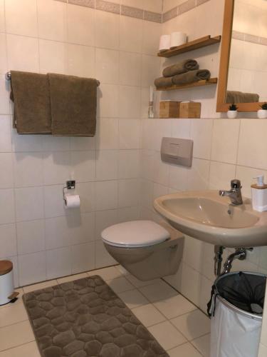 La salle de bains est pourvue de toilettes et d'un lavabo. dans l'établissement Charmantes Häuschen nahe Festspielstadt Bayreuth, 