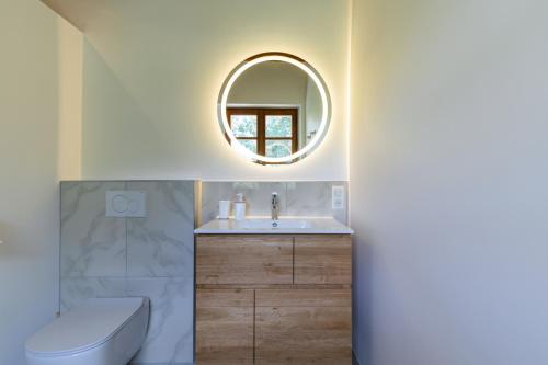 une salle de bain avec un lavabo et un miroir dans l'établissement Villa pleine nature proche plages - 7 chambres, à Saint-Martin-de-Seignanx