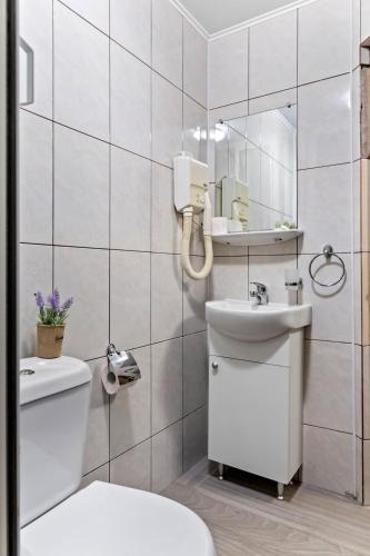 a bathroom with a toilet and a sink and a mirror at Hotel Charter Otopeni in Otopeni