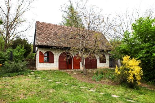 an old house with a red door in a yard at Myrtus Pince és Vendégház in Tarcal