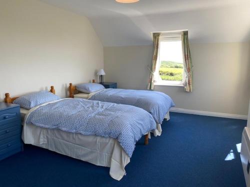 two beds in a room with blue floors and a window at Tearmann Solais in Schull