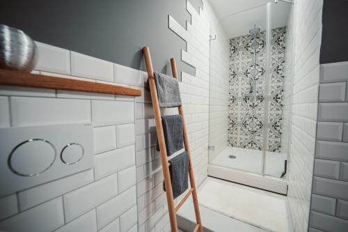 a bathroom with a walk in shower next to a shower at Kocbek since 1929 in Sveti Jurij ob Ščavnici