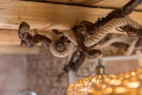 a group of snakes hanging from a chandelier at Central Bled House in Bled