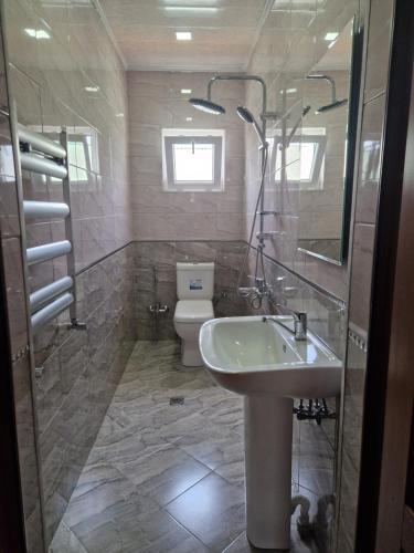 uma casa de banho com um lavatório e um WC em Mountain Resort House em Gabala