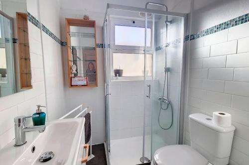 a bathroom with a shower and a toilet and a sink at Cozy one bedroom apartment in Lisbon