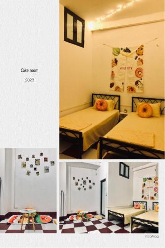 a room with two beds and a checkered floor at Dnut's House in Hanoi