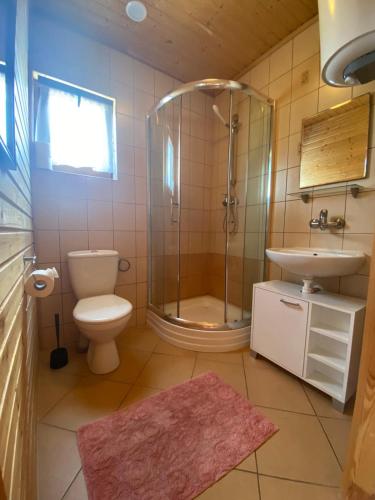 a bathroom with a shower and a toilet and a sink at Domek Standard 2 in Darłowo
