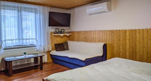 1 dormitorio con cama, mesa y sofá en Aunty Rezika's house, en Cerklje ob Krki