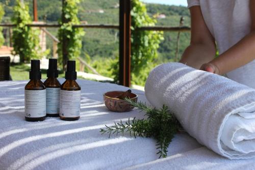 three bottles of wine sitting on a table with a towel at Agriturismo La Burlanda in Fosdinovo