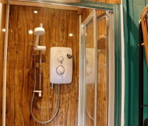 een douche met een douchekop en een douche bij Bexhill Old Town Retreat in Bexhill