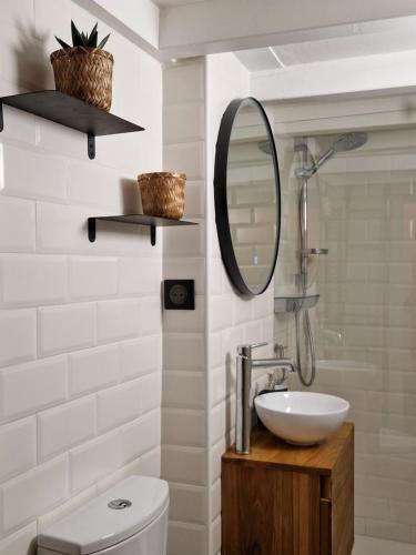uma casa de banho com um lavatório, um espelho e um WC. em Superbe appartement au bord de l'océan em Biarritz