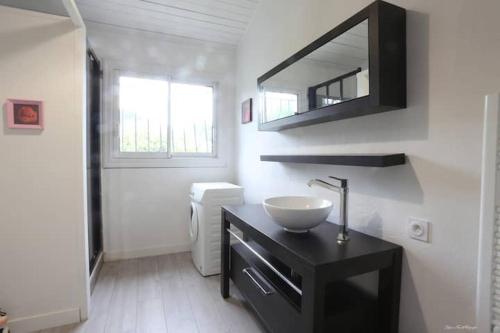 La salle de bains est pourvue d'un lavabo et d'un miroir sur un comptoir. dans l'établissement L'immeuble les 3C, à Saint-Palais-sur-Mer