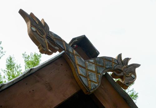 a metal fish on top of a building at Vikings Villages Resort in Guilford