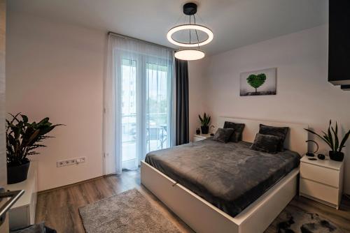 um quarto com uma cama grande e uma janela grande em City Apartman Székesfehérvár em Székesfehérvár