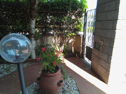 a pot with flowers in it next to a fence at Appartamento Loretta in Marciana Marina