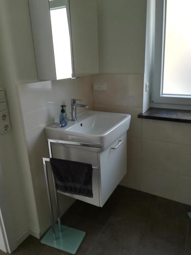 a bathroom with a white sink and a window at Apart Schleswig in Schleswig