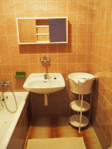 a bathroom with a sink and a toilet and a tub at Penzion Frederika in Mariánské Lázně