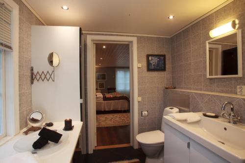 a bathroom with a sink and a toilet and a mirror at The Wine Lodge-Bo på vingård in Vittsjö