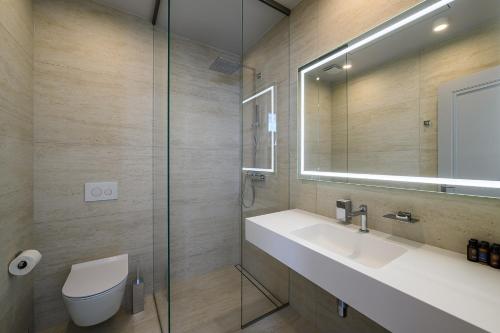 a bathroom with a sink and a toilet and a mirror at Roze Village Jūrnieka Ligzda in Pērkone