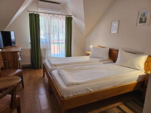 a bedroom with two twin beds and a television at Pension Aquaris in Sighişoara
