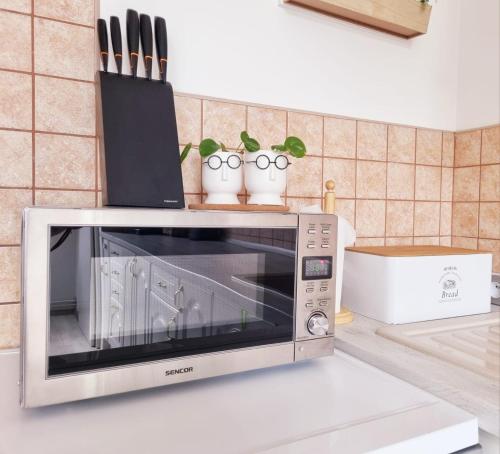 a microwave on a counter in a kitchen at Penzion ORION in Petrovice