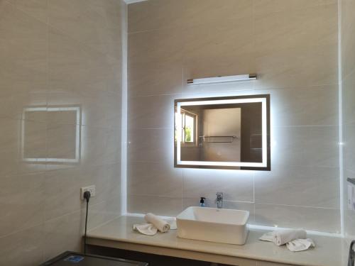 bagno con lavandino e specchio di Le Nid de Bea Self-catering Apartments a La Digue