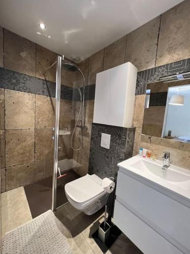een badkamer met een douche, een toilet en een wastafel bij Studio indépendant avec accès piscine in Uzès