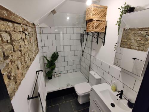 a bathroom with a shower and a toilet and a sink at Unique antique 2BR@Hackney canal in London