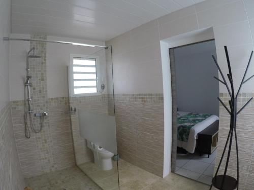 a bathroom with a shower and a toilet and a bed at La Villa Vie d'Hôte in Saint-Denis