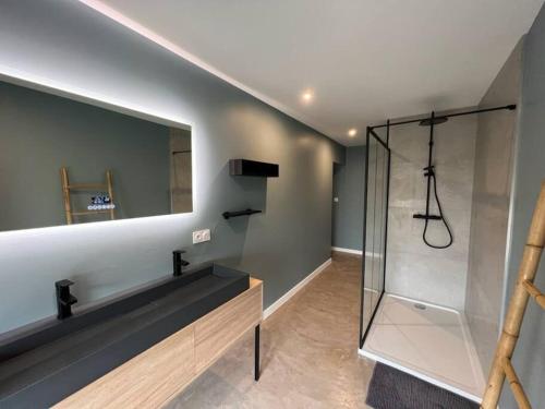 a bathroom with a glass shower and a sink at Loft design in Lapalud