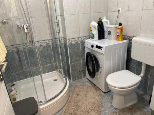 a bathroom with a shower toilet and a washing machine at House Bartulović in Brela