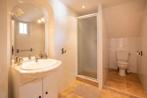 une salle de bain avec un lavabo, une douche et des toilettes dans l'établissement Villa Pastel, à Gassin