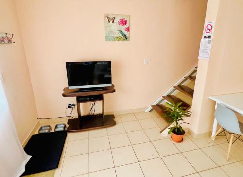 a living room with a television and a staircase at Duplex Zona Céntrica in Río Gallegos