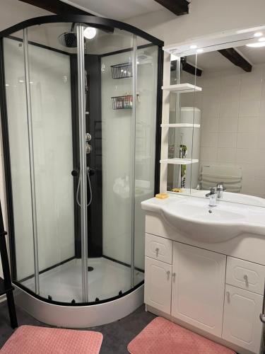 La salle de bains est pourvue d'une douche et d'un lavabo. dans l'établissement La Colline de Tilleul - Les Tilleuls - Pretty cottage near Aubeterre in idyllic location, à Saint-Romain